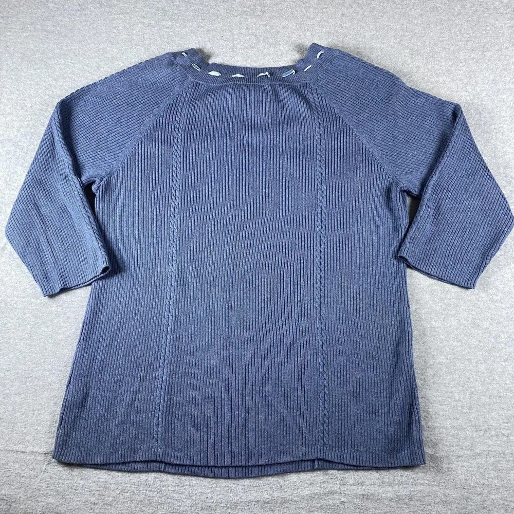 Tommy Hilfiger Sweater Womens 2X Blue Knit Plus‎ 3/4 Raglan Sleeve Ribbon Neck